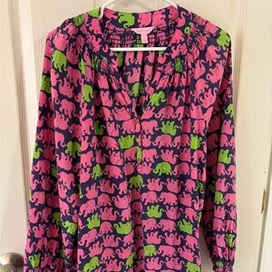 Lilly Pulitzer Pink and Green Elephant Silk Elsa Blouse size L